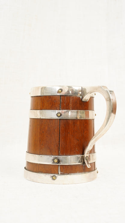 Antique English Oak and Silver Plate Tankard, Sheffield
