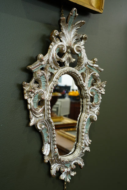 Antique Silver Gilt Wall Mirror, Italian Rococo, Teal Accents