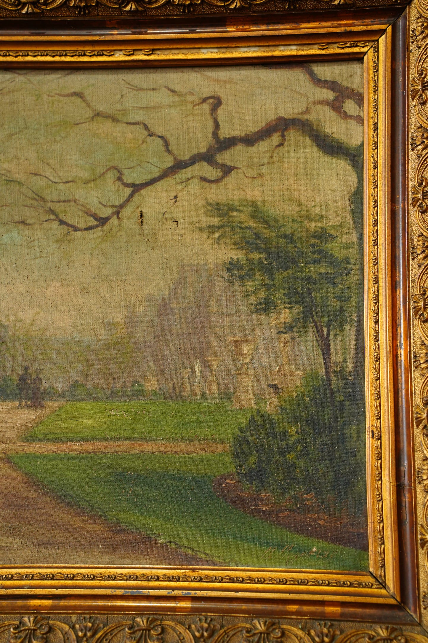 Antique Oil Painting Brussels Park Garden Scene