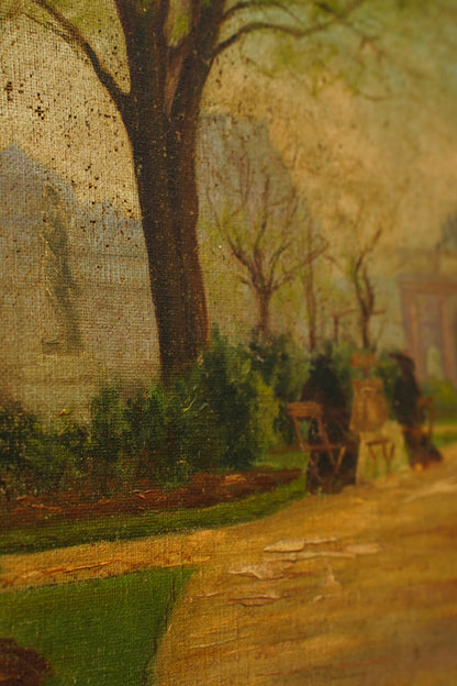 Antique Oil Painting Brussels Park Garden Scene