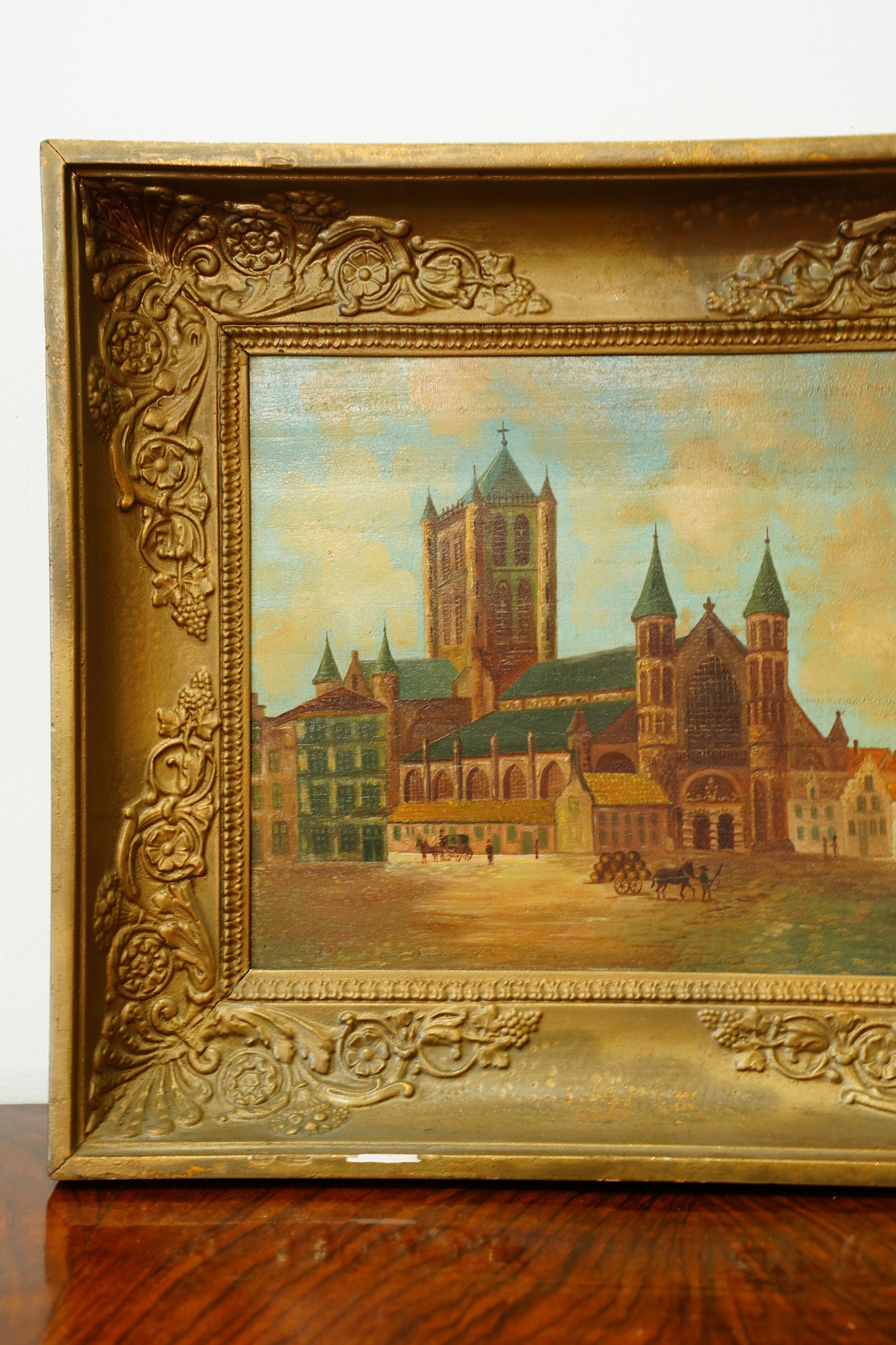 Antique Oil Painting, Maastricht Cathedral Town Scene, Circa 1910