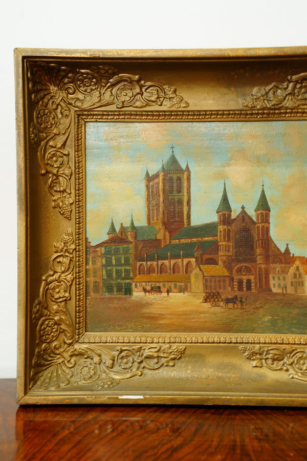 Antique Oil Painting, Maastricht Cathedral Town Scene, Circa 1910 secondary view