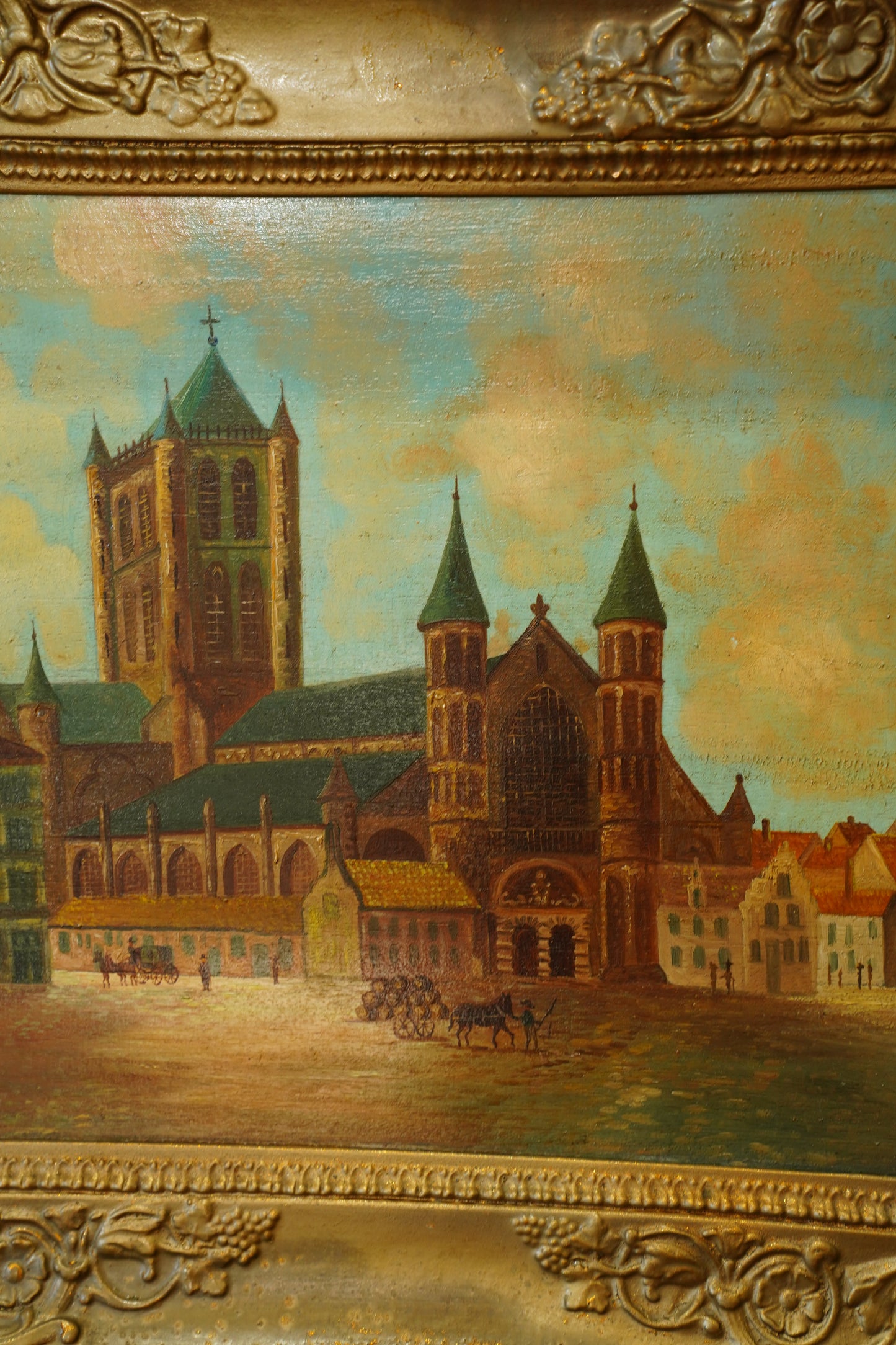 Antique Oil Painting, Maastricht Cathedral Town Scene, Circa 1910