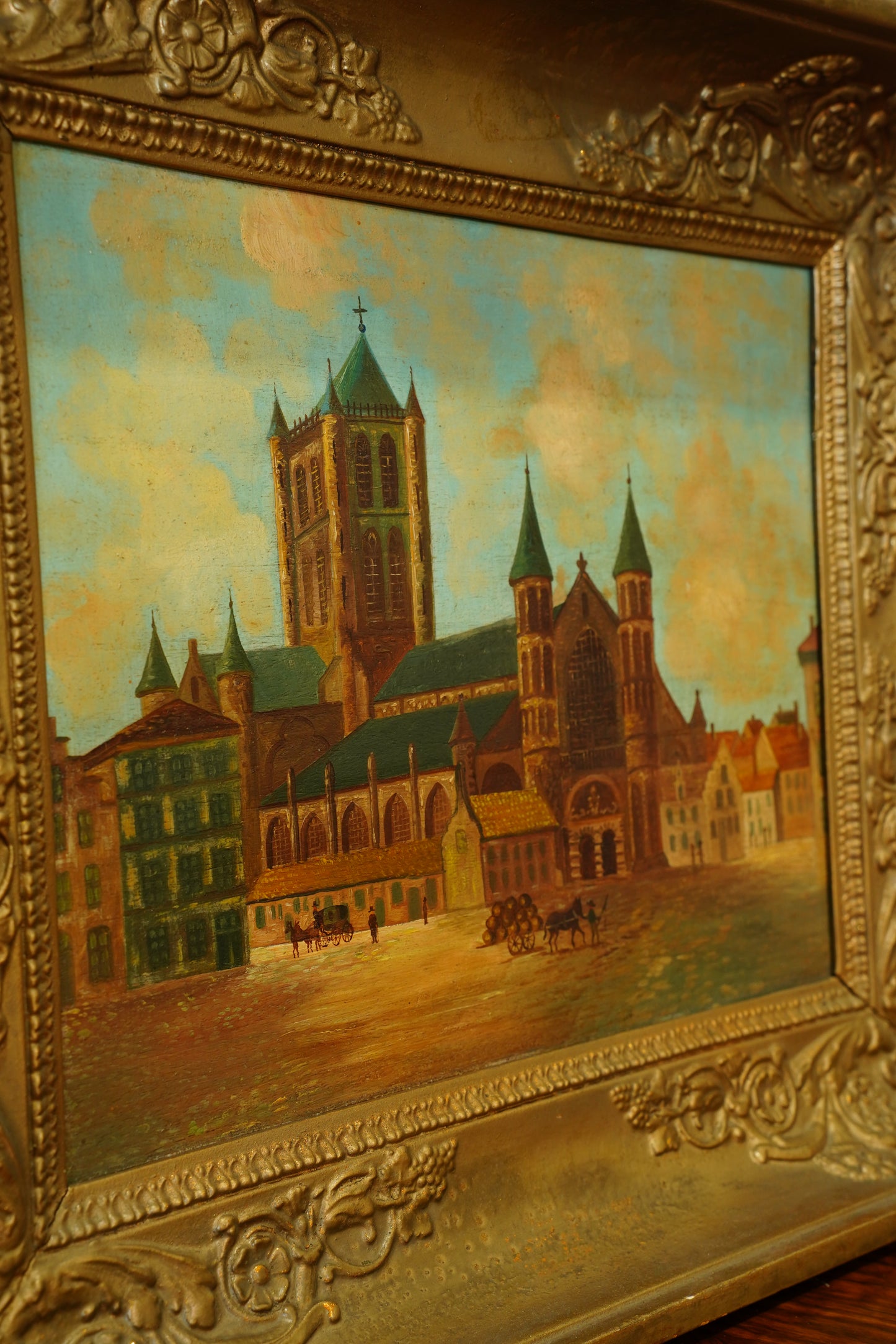 Antique Oil Painting, Maastricht Cathedral Town Scene, Circa 1910