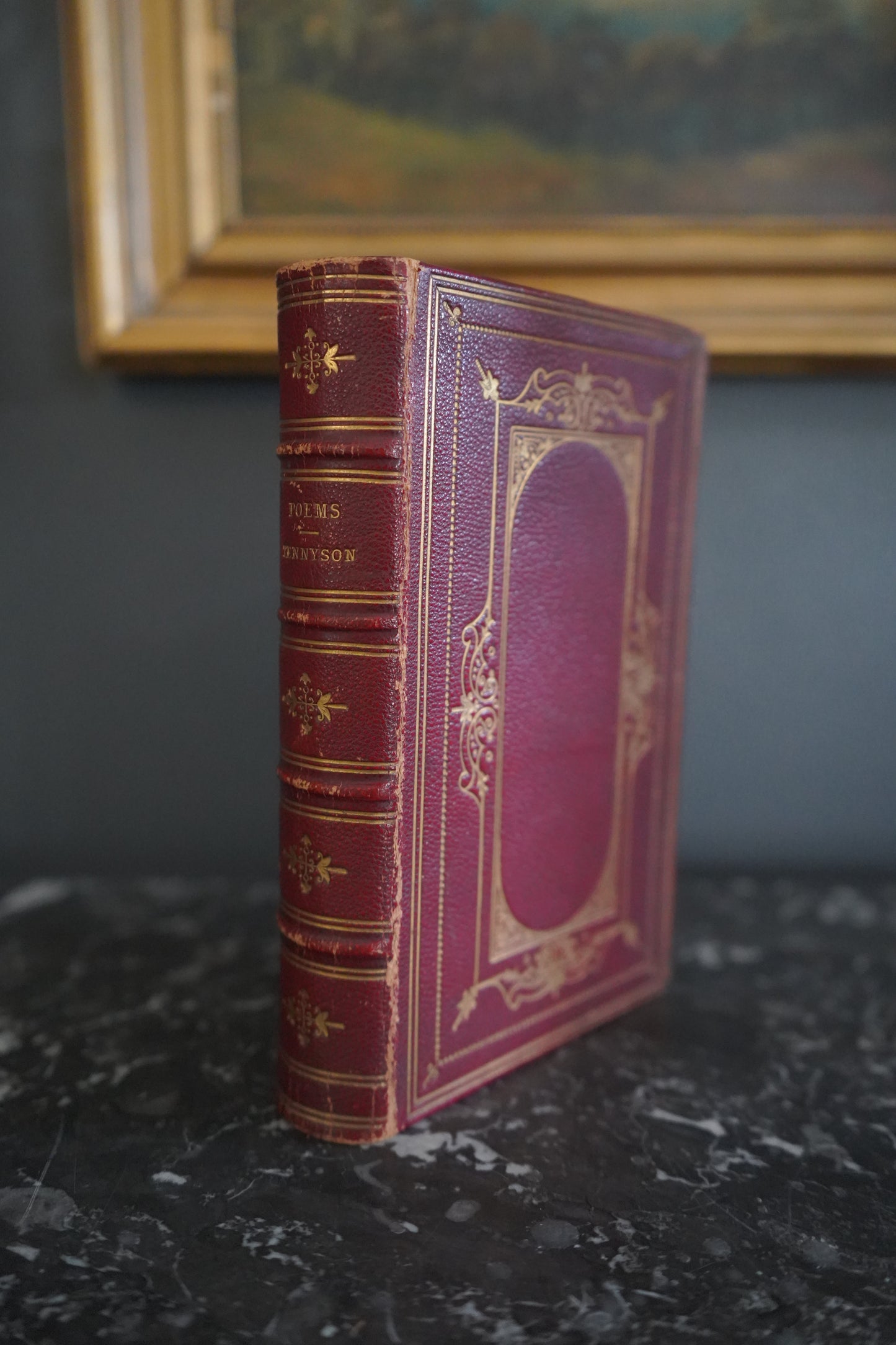 1875 "Poems" by Alfred Tennyson Red Fine Binding Full Leather Book, Antique Poetry Book