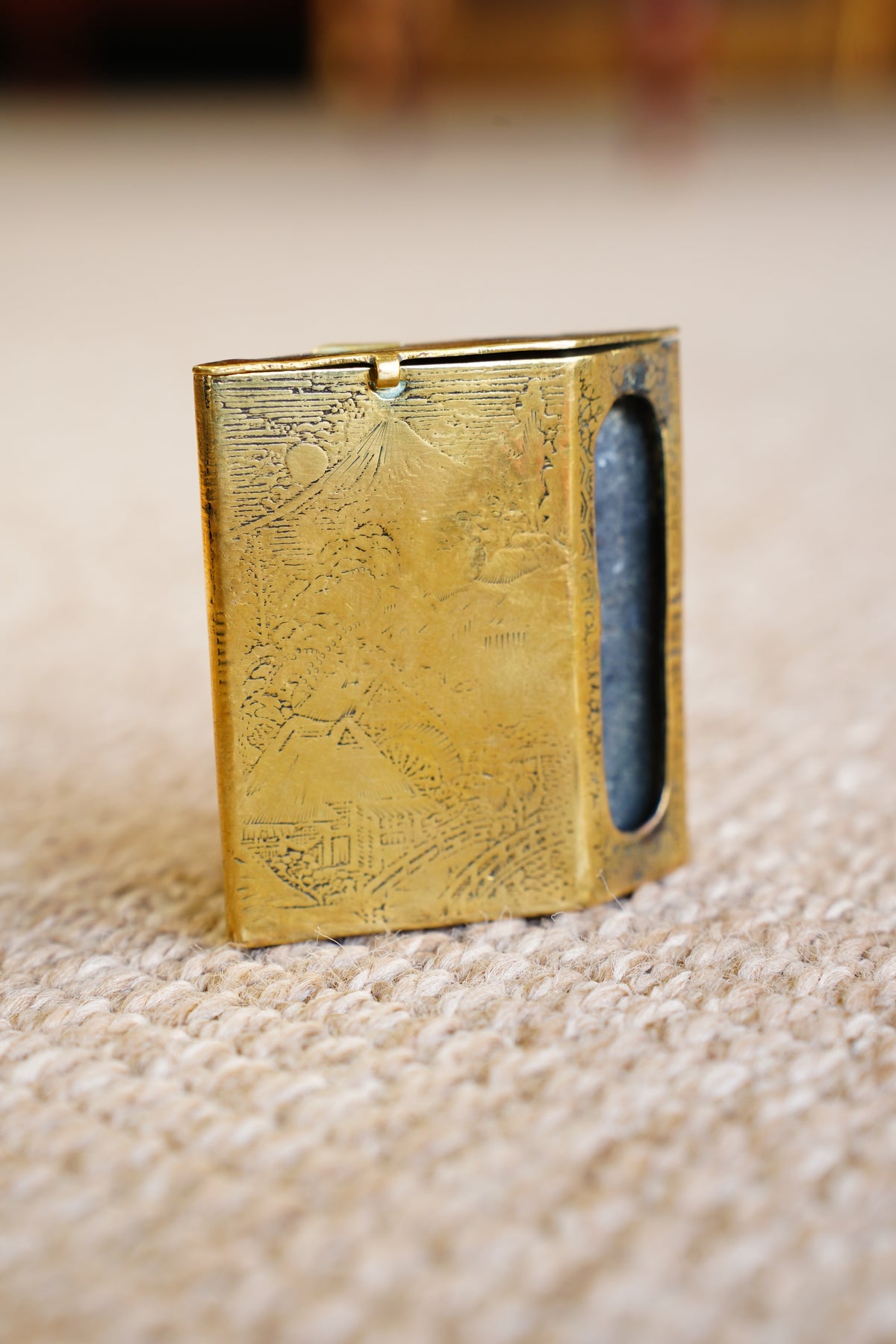 Antique Japanese Engraved Brass Vesta Case, Mount Fuji