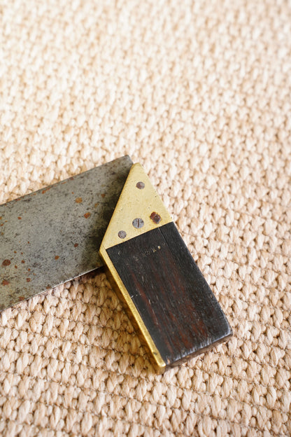 Antique Ebonised Wood and Brass Try Square, Steel Blade