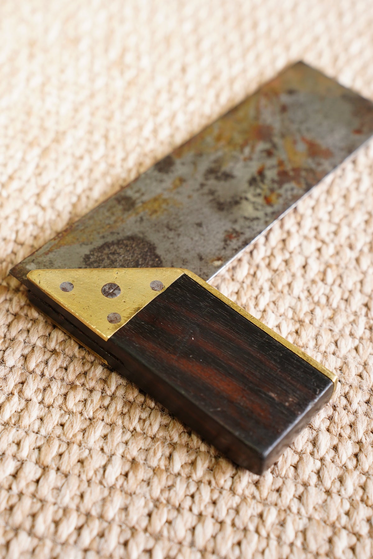 Antique Ebonised Wood and Brass Try Square, Steel Blade
