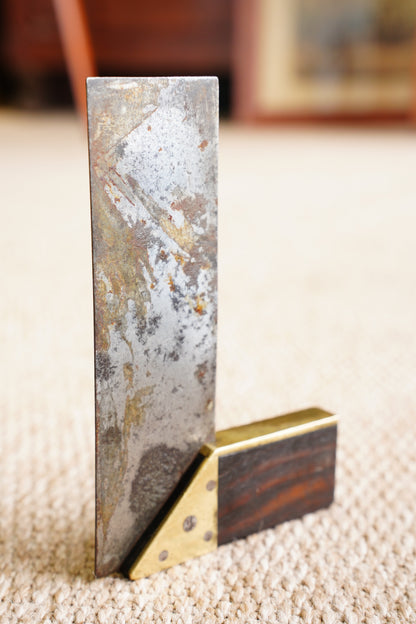 Antique Ebonised Wood and Brass Try Square, Steel Blade