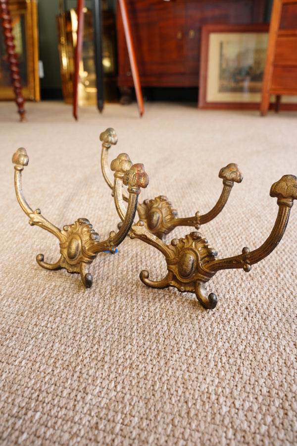 Antique Victorian Cast Brass Wall Hooks, Set of Three, Circa 1890