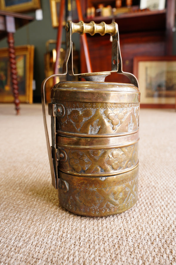 Vintage Brass Tiffin Carrier | Hand-Engraved 3-Tier Food Container with Handle