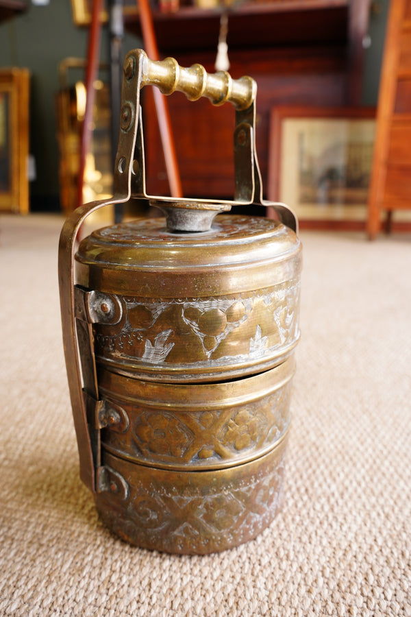Vintage Brass Tiffin Carrier | Hand-Engraved 3-Tier Food Container with Handle secondary view