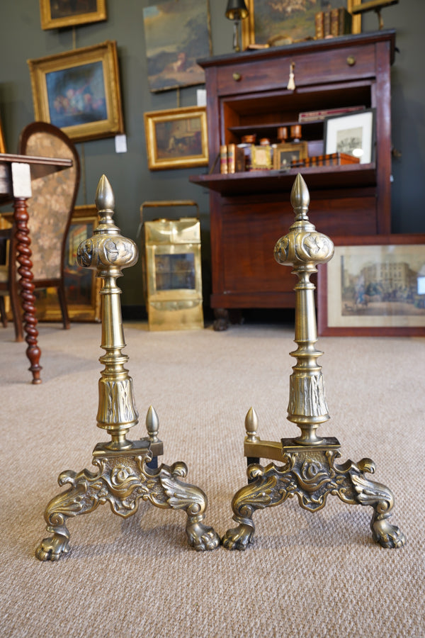Pair of Late Victorian-Era Brass & Iron Andirons, Rococo Revival Style