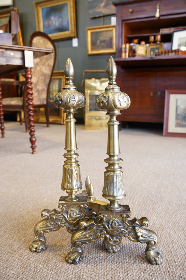 Pair of Late Victorian-Era Brass & Iron Andirons, Rococo Revival Style secondary view