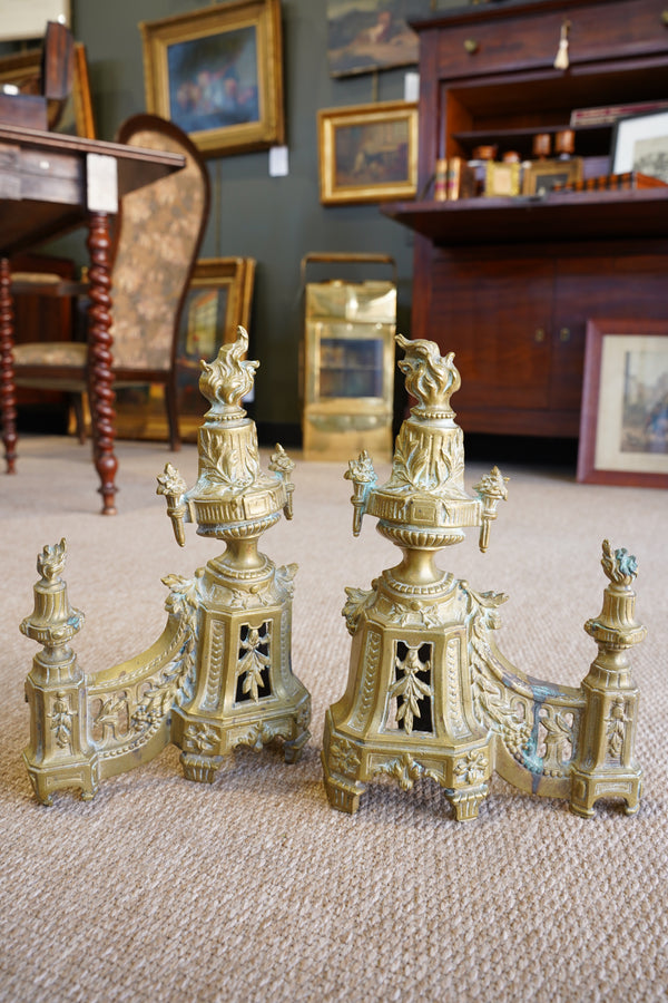 Antique Neoclassical Louis XVI-Style Brass Andirons with Urn and Flame Finials, Pair of Antique Brass Fireplace Fire Dogs secondary view