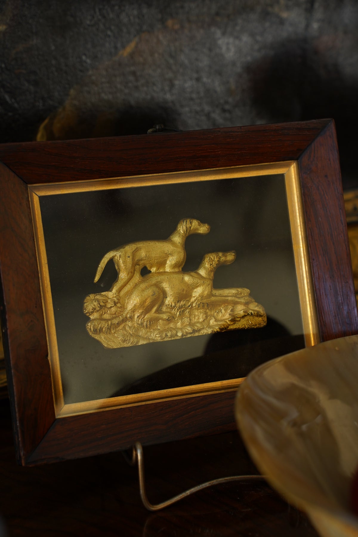 Antique Gilt Hunting Dog Relief, Rosewood Shadowbox Frame, 19th Century