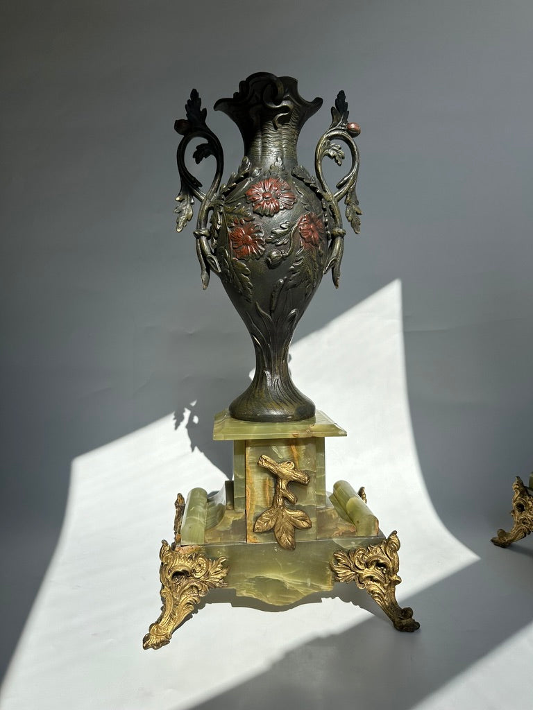 ^ Pair of Antique French Neoclassical Spelter and Onyx Urns with Gilt Brass Accents