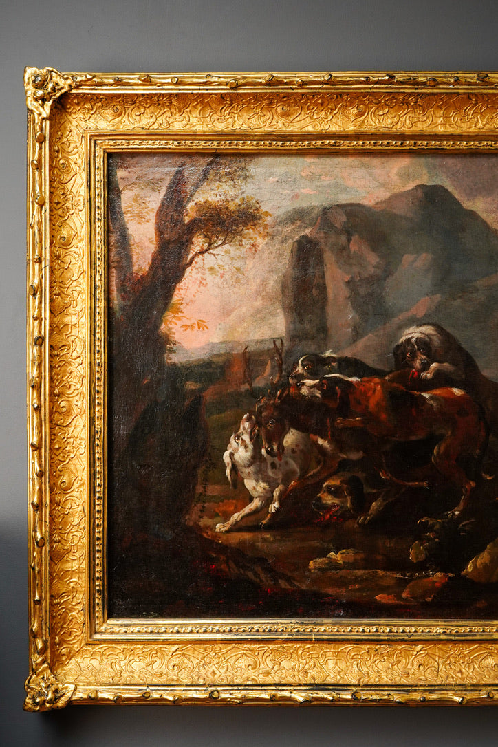 18th Century French Stag Hunt Oil Painting, Fontainebleau Tradition