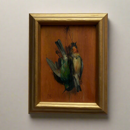 Pair of French “Art Mort” Oil Studies – 1920s Trompe-l’Œil Bird Paintings on Wood Panel, Signed F.S.