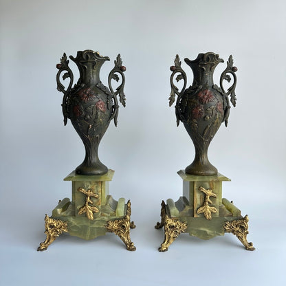 ^ Pair of Antique French Neoclassical Spelter and Onyx Urns with Gilt Brass Accents