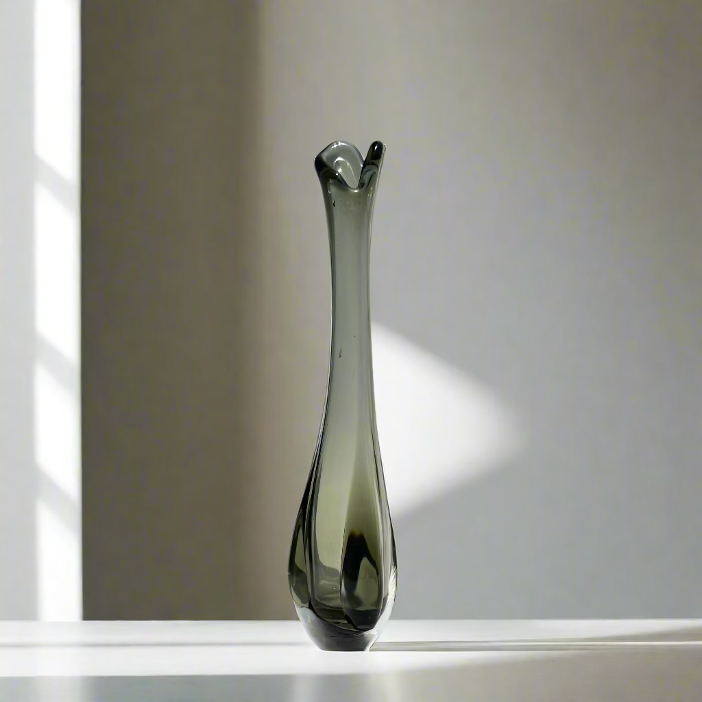 Vintage Viking Glass “Epic Three Foil” Swung Vase – Smoke Gray, 10”