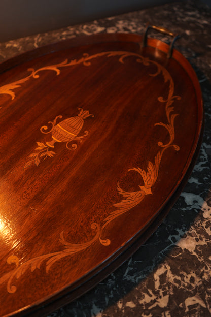 Edwardian Inlaid Mahogany Tray with Marquetry Urn Motif & Brass Handles, c.1900