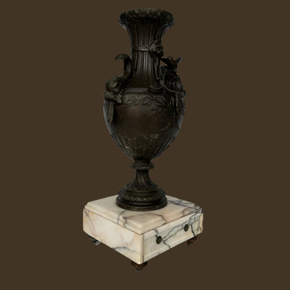 ^ Pair of 19th Century French Napoleon III Style Spelter & Marble Urns