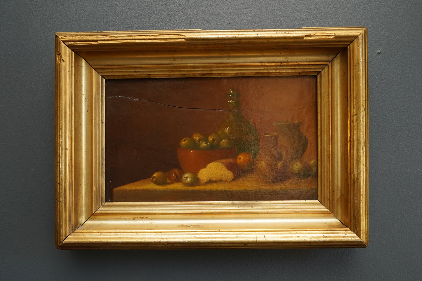 “The Bowl of Apples” by Nicholas Marsh, dated 1958 | English Still Life Oil on Panel in Antique Gilt Frame