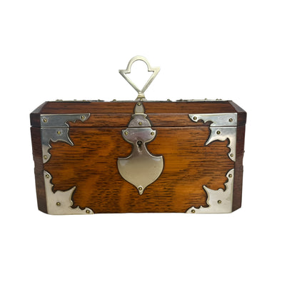 Antique English Oak & Silver-Plated Double Compartment Tea Caddy