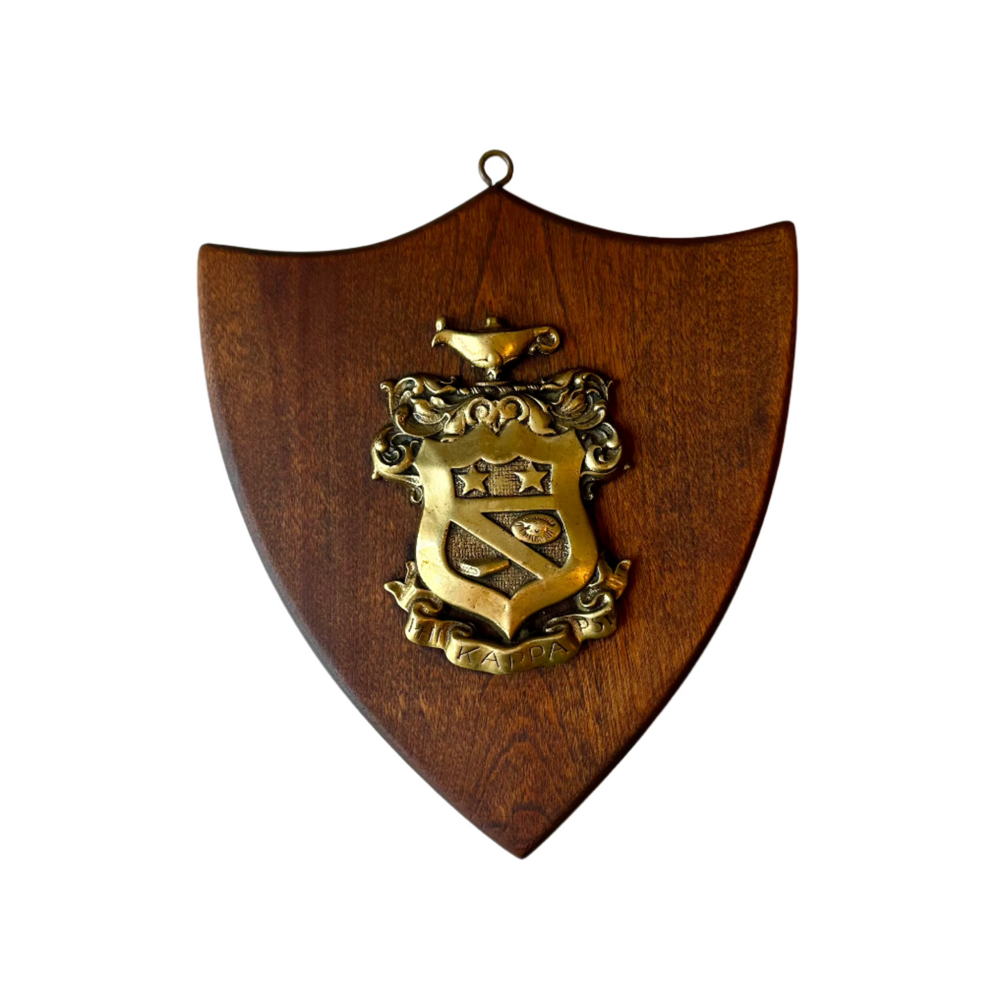 Vintage Kappa Psi Fraternity Brass Crest Plaque on Shield Backing