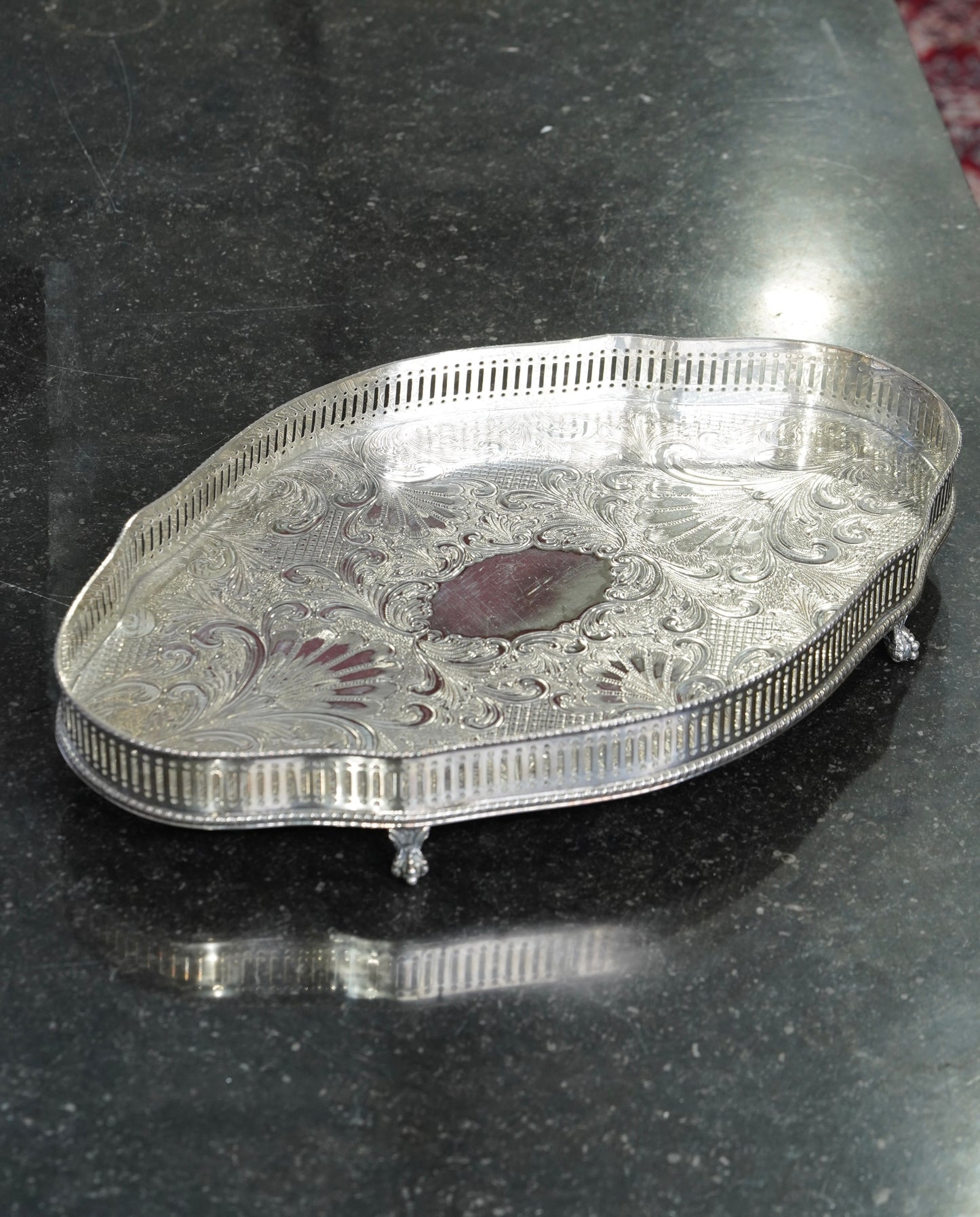 Sheffield Silverplate Gallery Tray, Engraved Rococo, Mid-20th Century