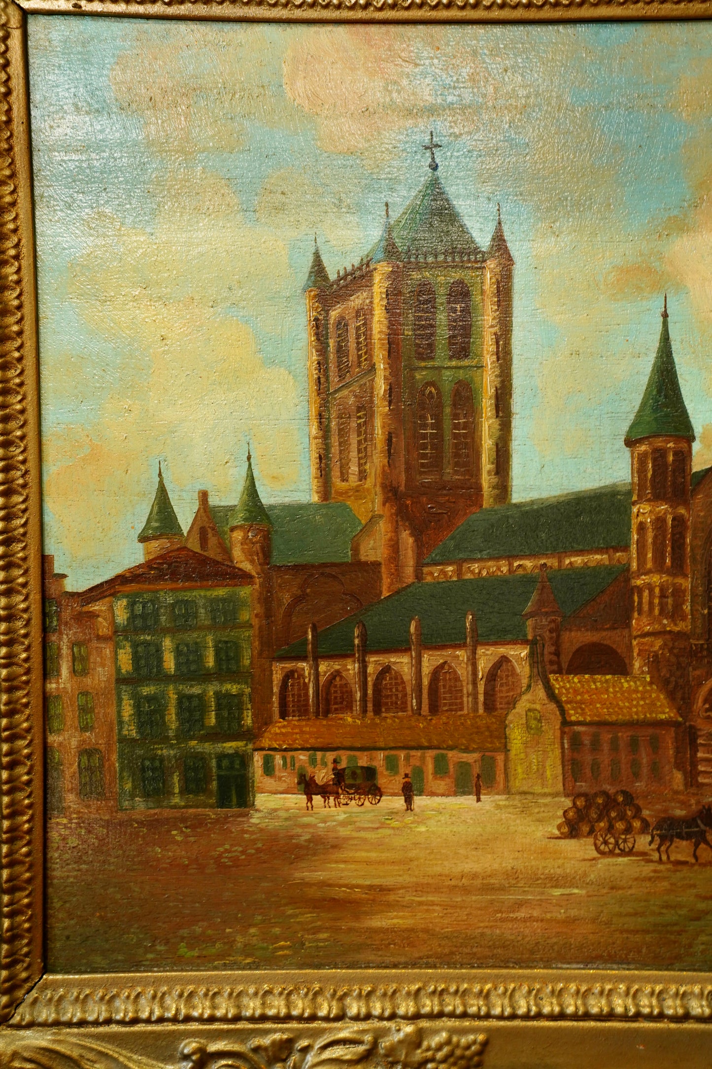 Antique Oil Painting, Maastricht Cathedral Town Scene, Circa 1910