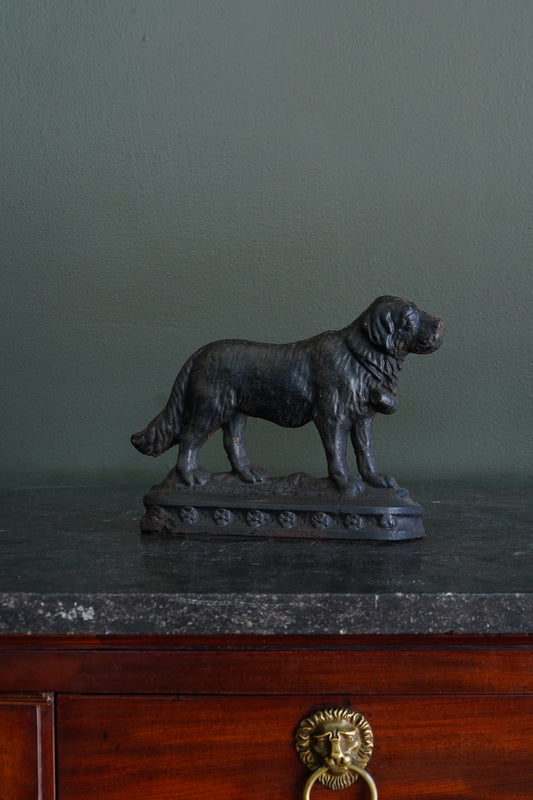 Antique Victorian Cast Iron Saint Bernard Doorstop with Rescue Barrel, Ca. 1890