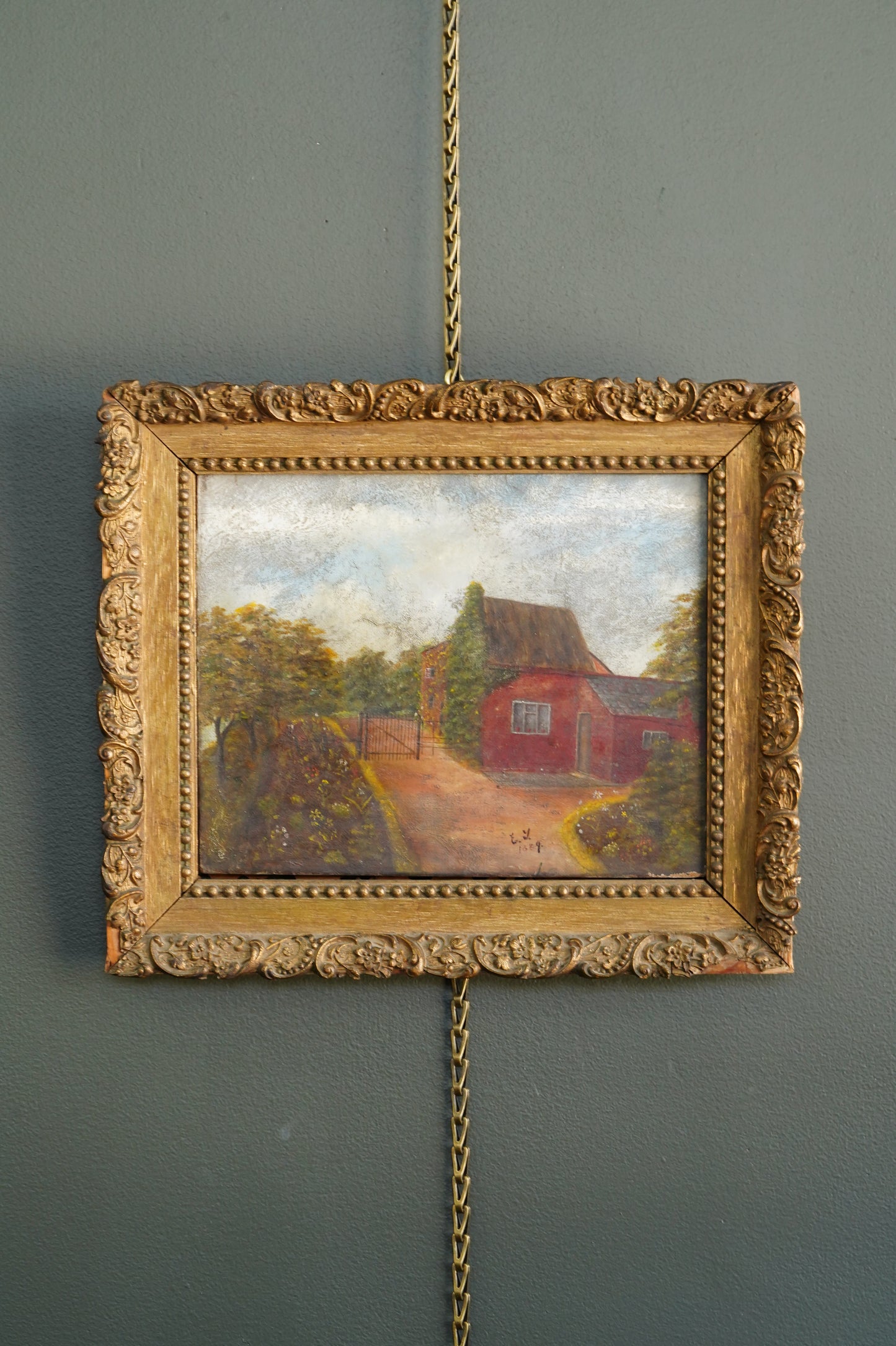Antique English Cottage Landscape Oil Painting, Signed E.Y. 1889