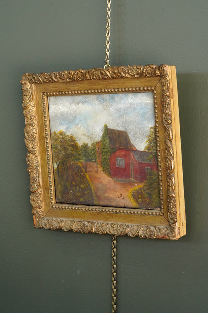 Antique English Cottage Landscape Oil Painting, Signed E.Y. 1889