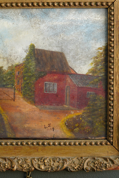 Antique English Cottage Landscape Oil Painting, Signed E.Y. 1889