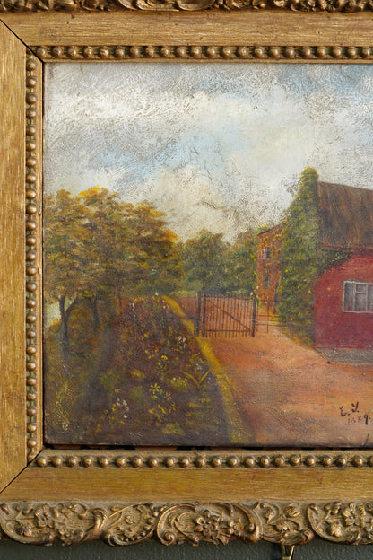 Antique English Cottage Landscape Oil Painting, Signed E.Y. 1889