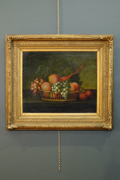 Antique Continental Still Life of Peaches and Grapes in a Basket Oil Painting