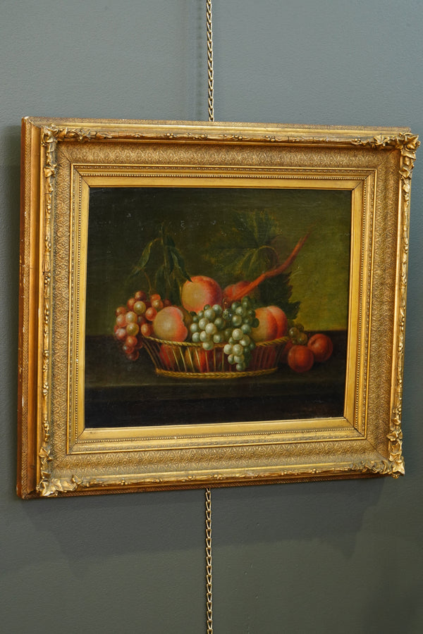 Antique Continental Still Life of Peaches and Grapes in a Basket Oil Painting secondary view