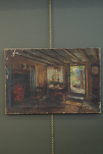 Antique British School Cottage Interior Oil Painting, Circa 1900