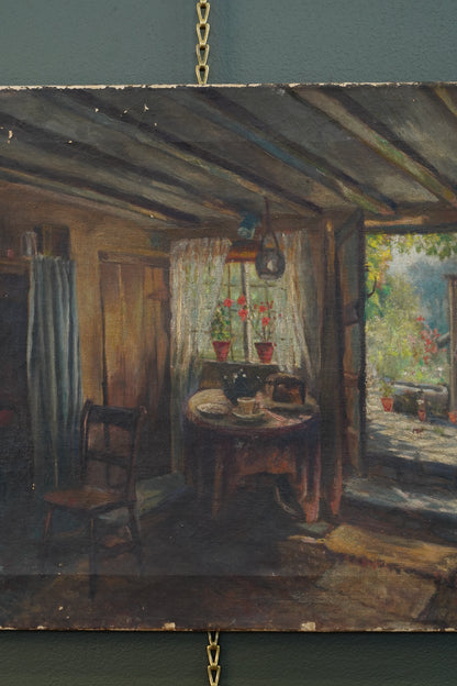 Antique British School Cottage Interior Oil Painting, Circa 1900