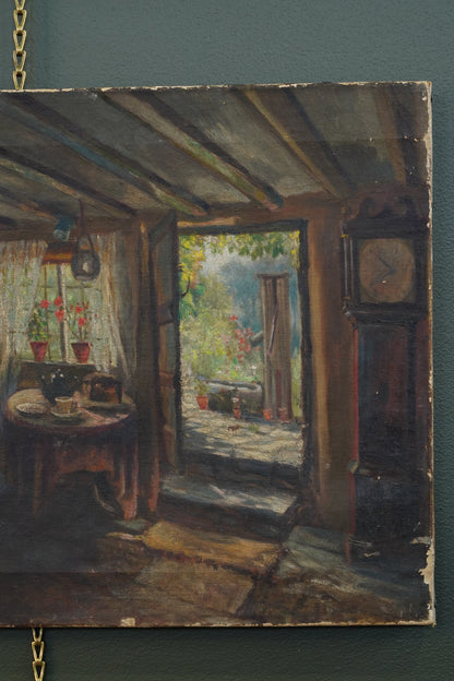 Antique British School Cottage Interior Oil Painting, Circa 1900