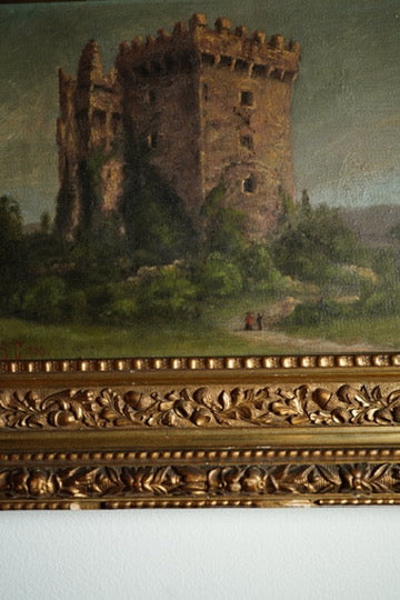 Victorian Irish Castle Ruin Oil Painting, Likely Blarney Castle, Signed L. S. C 1888, in Deep Gilt Frame