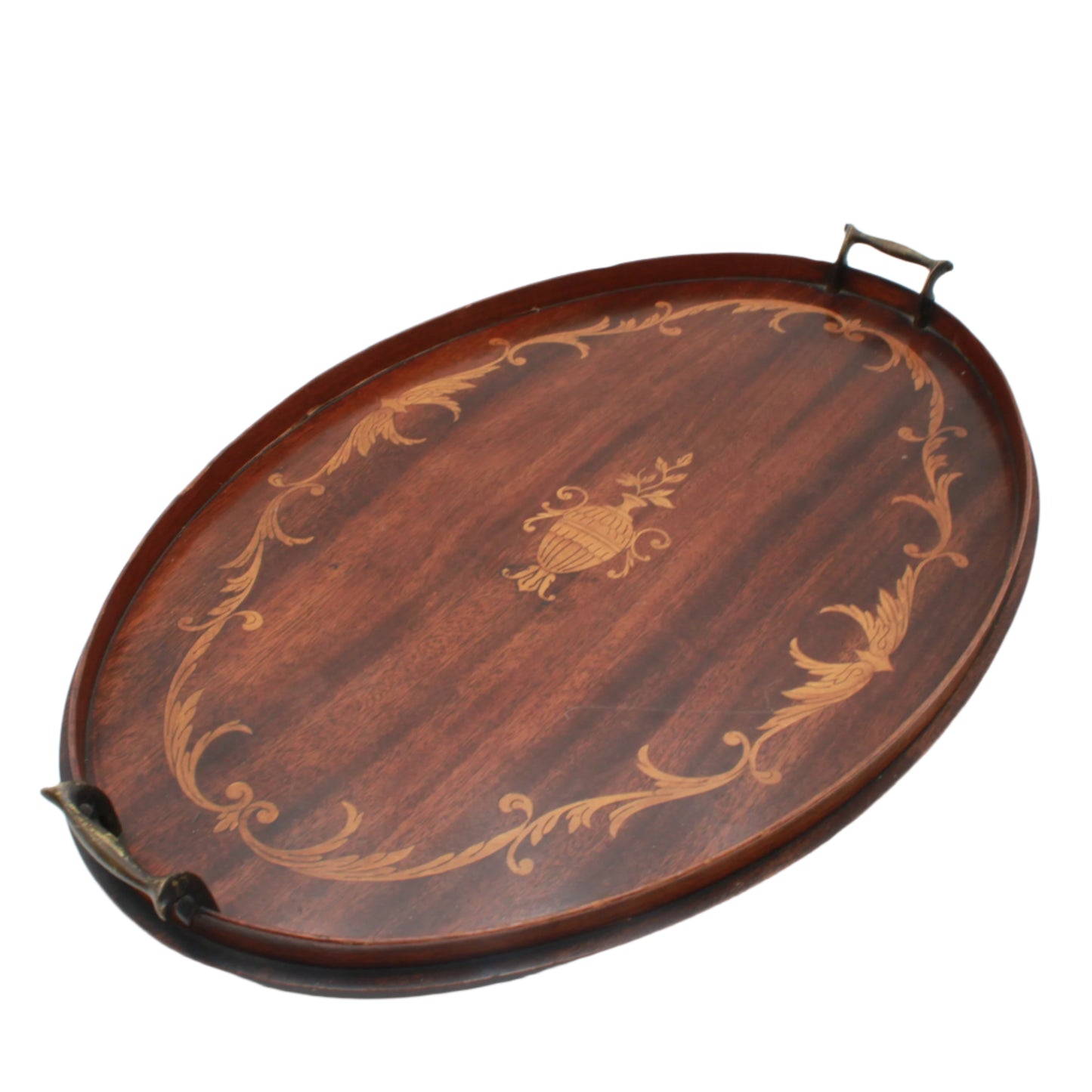 Edwardian Inlaid Mahogany Tray with Marquetry Urn Motif & Brass Handles, c.1900
