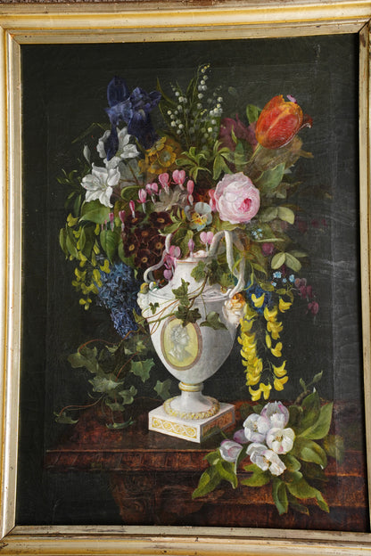 Antique Floral Still Life Oil Painting of Flowers in a Porcelain Urn