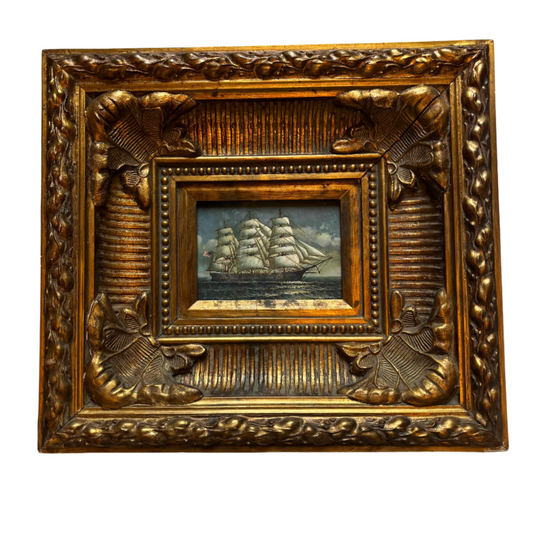 Mid-Century Hand-Painted Maritime Oil on Board in Ornate Carved Frame | American Clipper Ship Scene