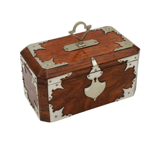 Antique English Oak & Silver-Plated Double Compartment Tea Caddy