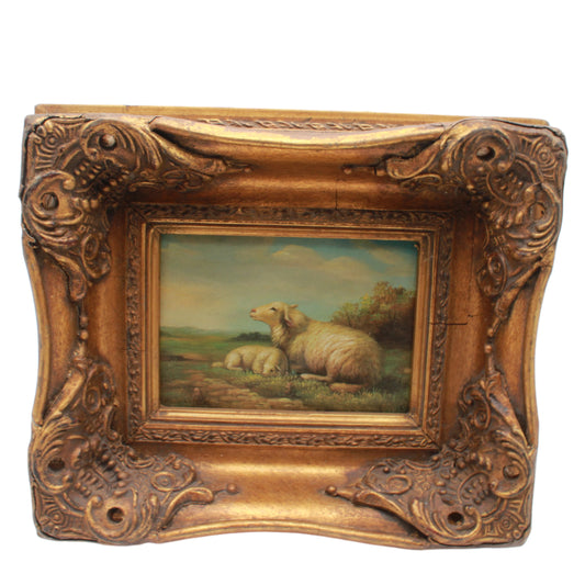 Framed Pastoral Sheep Painting, Vintage Decorative Oil on Board