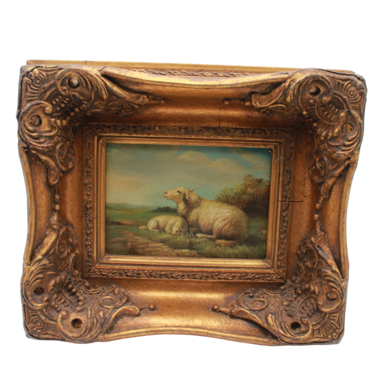 Framed Pastoral Sheep Painting, Vintage Decorative Oil on Board