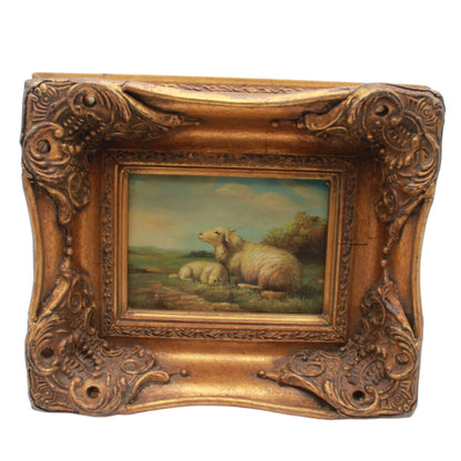 Framed Pastoral Sheep Painting, Vintage Decorative Oil on Board
